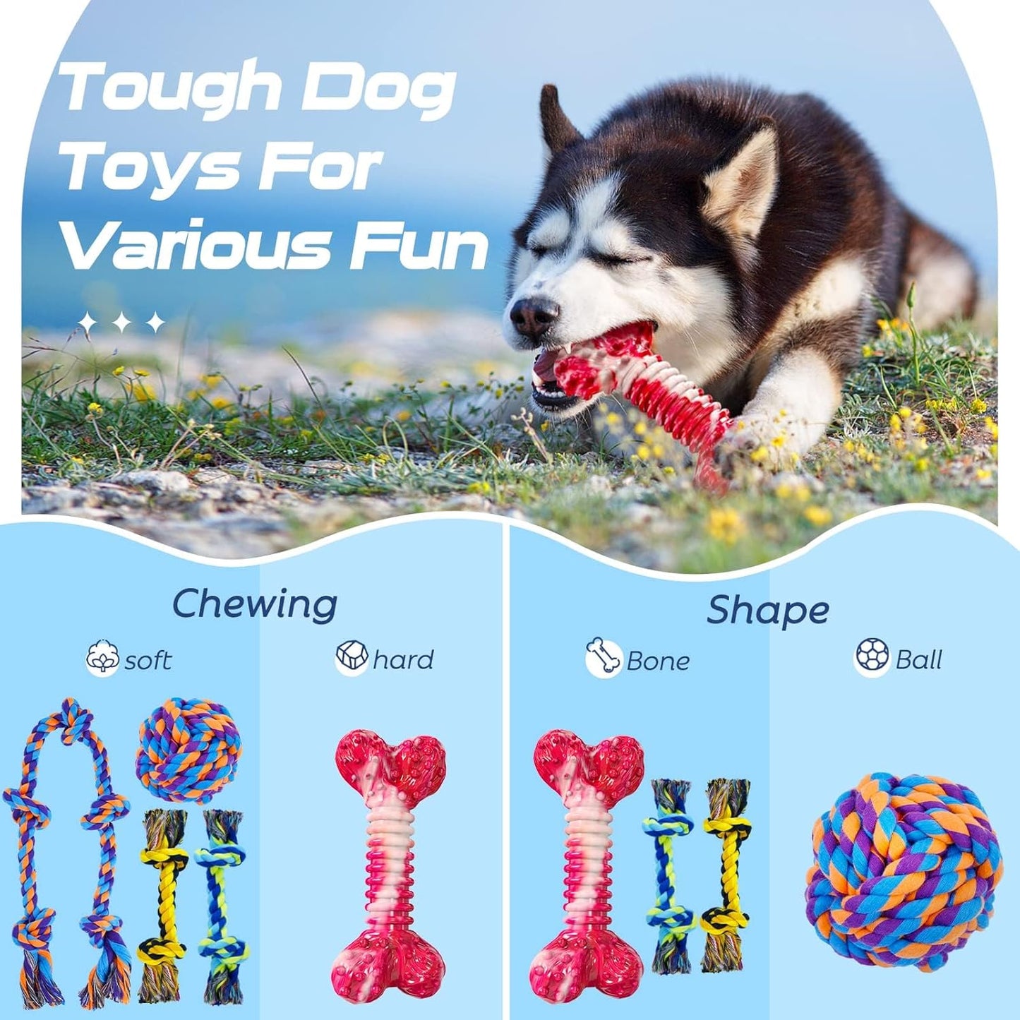 SHARLOVY Dog Chew Toys for Aggressive Chewers, 5 Pack Indestructible Dog Toys for Large Breed, Cotton Rope Toys, Tough Bone Chew for Aggressive Chewers Large Breed