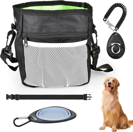 CONLI Dog Treat Pouch with Folding Bowl and Training Clicker, Treat Pouches for Pet Training Built-in Poop Bag Dispenser, Dog Training Treat Pouch for Pet Training Walking