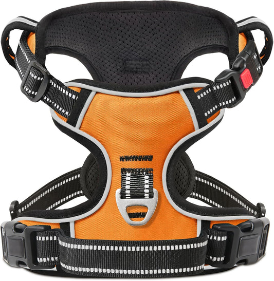Timos Dog Harness Large Sized, No Pull with Neck Lockable Snap,No Choke Front Clip Dog Reflective Harness,Adjustable Metal Rings 3 Buckles,Easy Control Handle for Large Dogs Orange XL