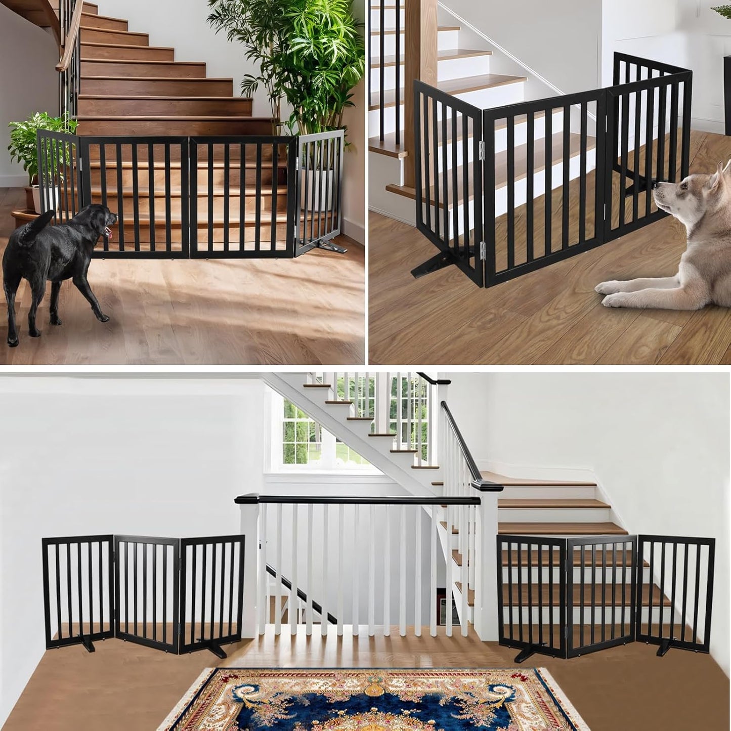 ZJSF Freestanding Indoor Dog Gate for House Foldable Wood Puppy Gate for Doorways Pet Gate for Stairs Extra Wide Pet Fence, Black, 24" Height 3 Panels