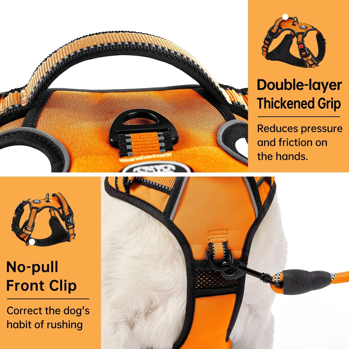 IVY&LANE No Pull Dog Harness for Medium Dogs, Dog Vest Harness with Leash, Safety Belt and Storage Strap, Fully Adjustable Harness, 360° Reflective Strip, Soft Handle (Orange, M)