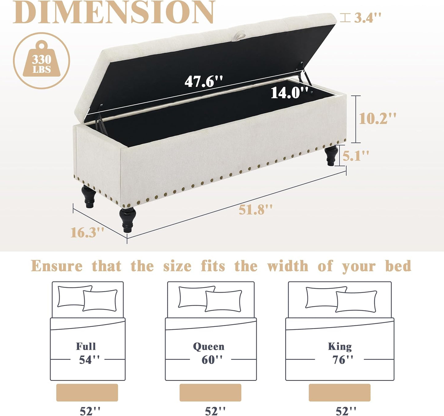 Mangodan51” Linen End of Bed Storage Bench, Tufetd Upholstered Storage Ottoman Bench with Safety Hinge, 330 lb Large Ottoman with Storages for Living Room, Entryway & Bedroom, Window Benches, Beige