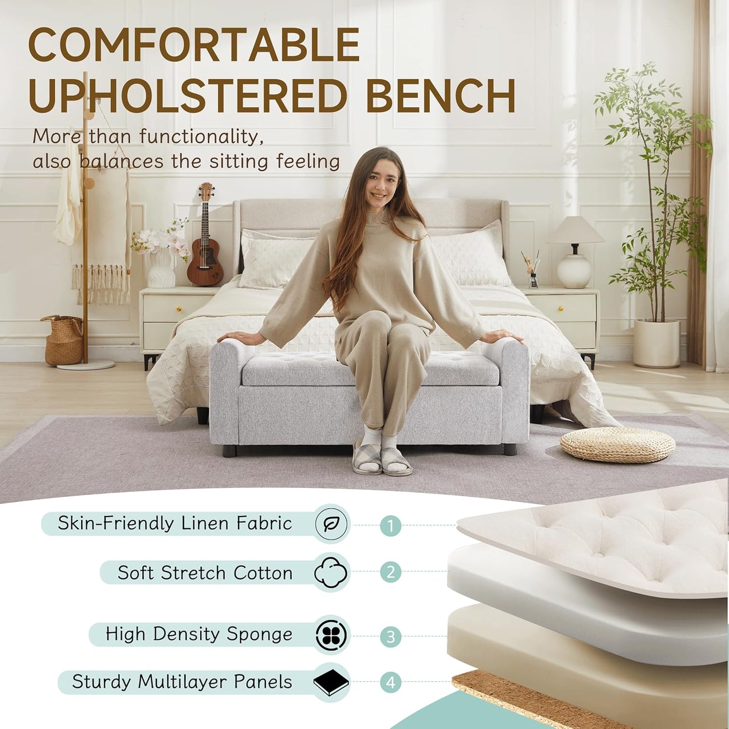 Ottoman with Storage, Tufted Storage Bench for Bedroom, 48" Fabrics End of Bed Bench, Upholstered Entryway Shoe Benches with Rolled Arm & Inner Zipper, Window Ottomans Chest without Rivets, Light Grey