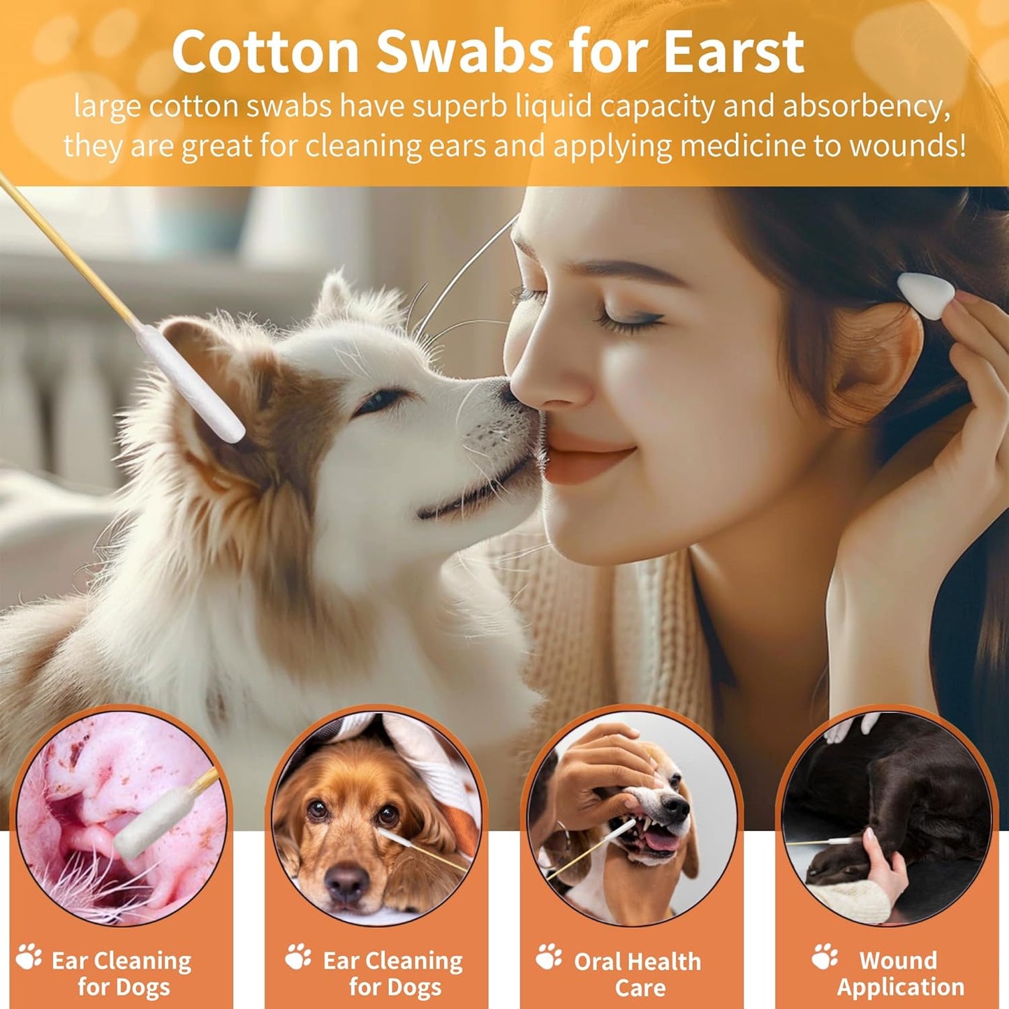 200 PCS 6 Inch Long Cotton Swabs in Box - Professional Large Cotton Swabs with Bamboo Handle - Double Sided Dog Ear Swabs - Specially Designed Big Cotton Swabs for Dog Ear, Cleaning Solution