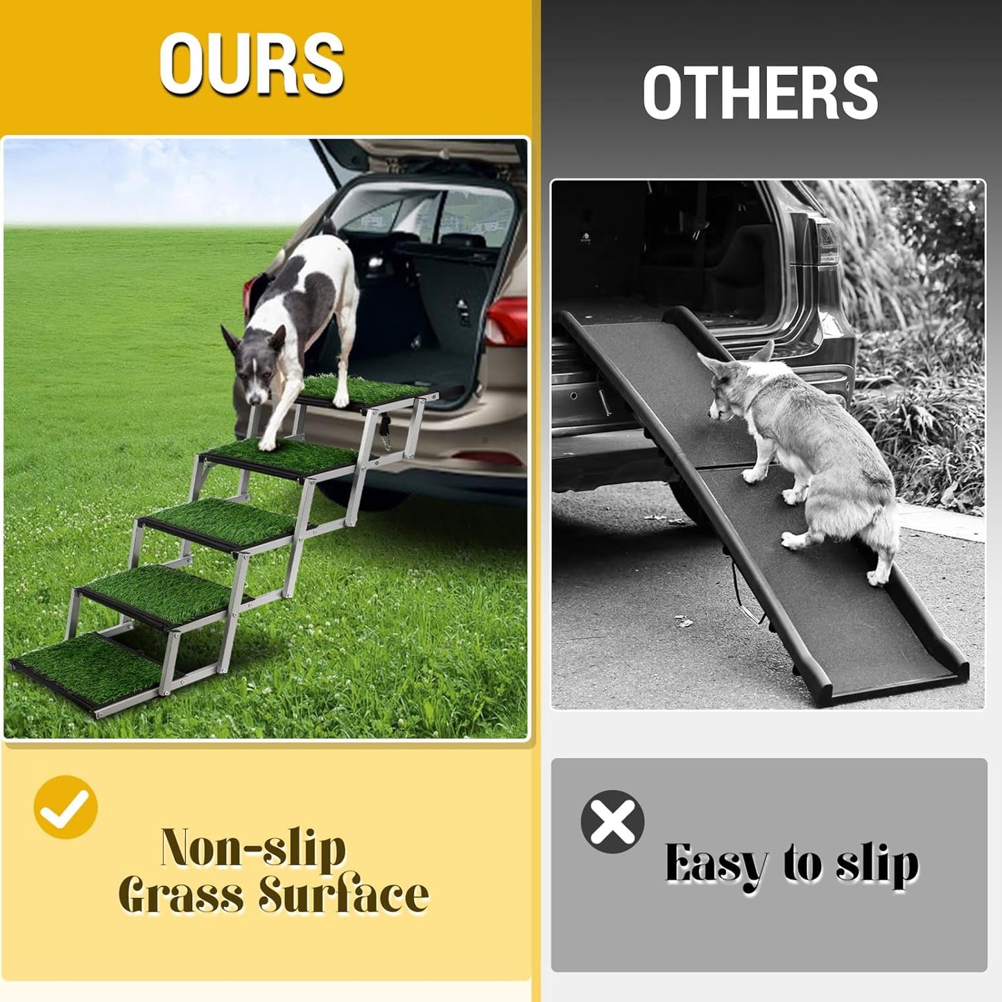 Extra Wide Dog Stairs for Car, Portable Folding Dog Steps for Large Dogs with Non-Slip Grass Rug for Cars, SUV, Trucks, Lightweight Pet Ramps Supports Up to 200 lb, 5 Steps