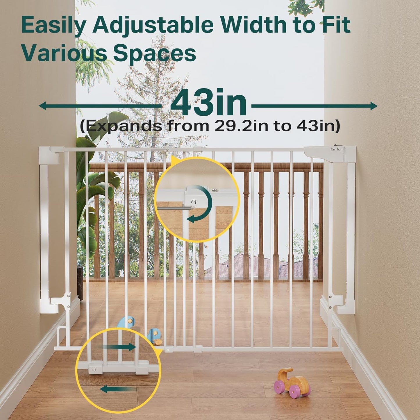 Cumbor 29.2-43" No Bottom Bar Baby Gate for Stairs, 2-in-1 Hardware Mounted Dog Gate Indoor, Auto Close Pet Gate for Doorways with Large Walk Thru Door, Wide Child-Proof Safety Gates for Kids (White)