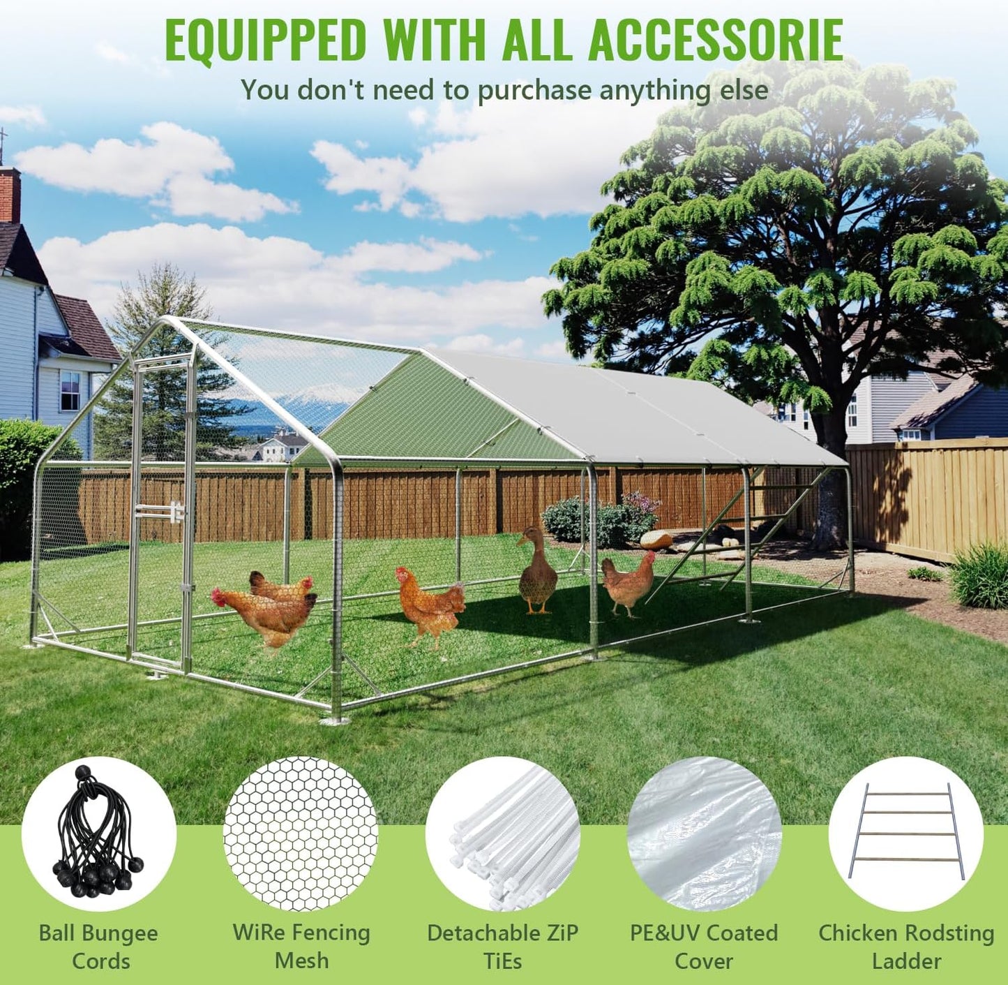 Large Metal Chicken Coop, 10x20x6.5FT Chicken Runs for Yard with Cover