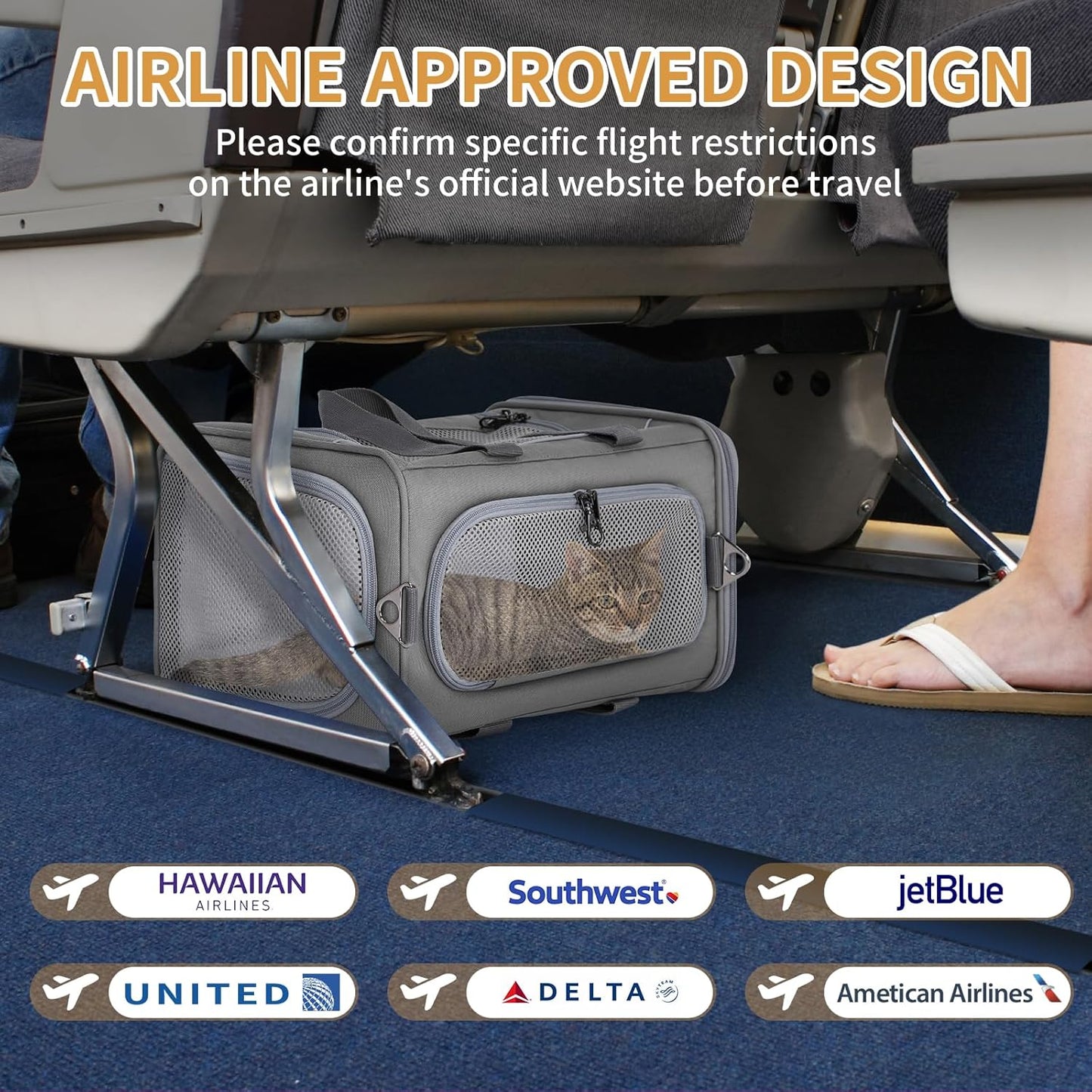 ‌Petsfit Airline Approved Pet Carrier for Small Cats, 16.5x8.6x11 TSA Approved Carrier, with Removable Dual-Sided Padding (2-Way Placement) - Fits Under Most Airplane Seats, Escape Proof (Gray)