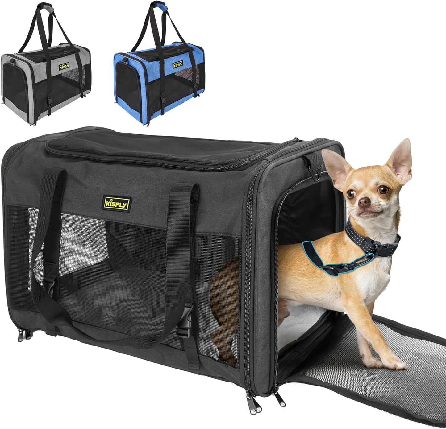 Small Dog Carrier for Puppies, Rabbits, Cat Carrier Soft, Foldable Travel Bag, Fits Pets up to 25lbs, Car Seat Belt Compatible, Ideal for Car Road Trips, Anti-Scratch Mesh, 20x13x13 in, Black