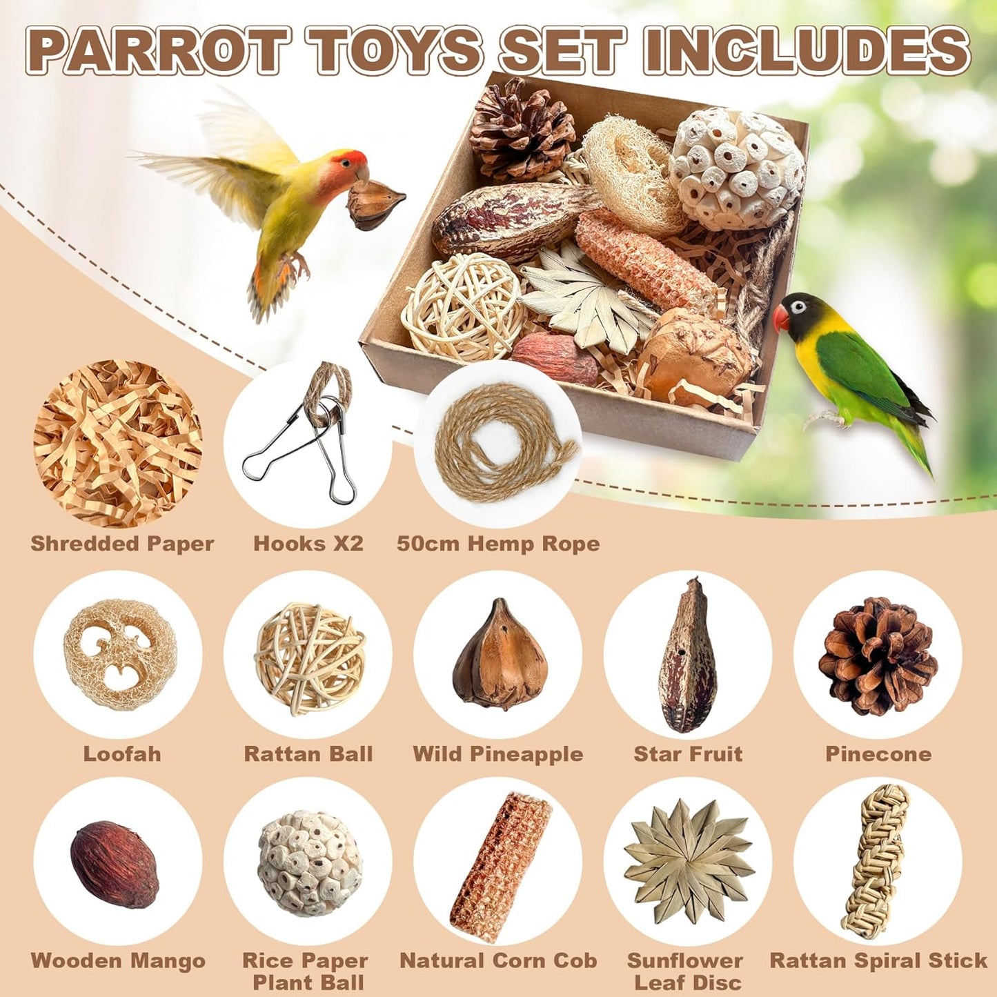 2 in 1 Parrot Toys, Tyotrbs Parakeet Foraging Box DIY Hanging String with Comes with 2 Hooks Bird Toy for Parakeets,Cockatiels,Conures,Love Birds Cage Accessories for Small to Medium Birds
