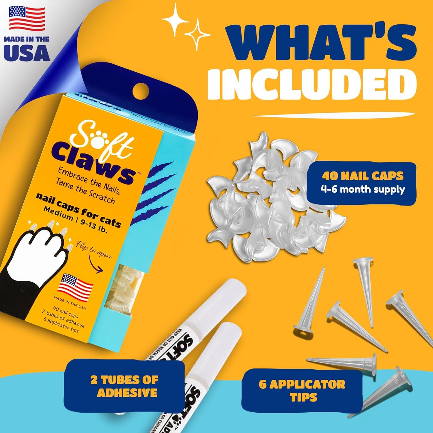 Soft Claws Nail Caps for Cats Made in USA - 40 Cat Claw Caps for 4-6 Weeks of Protection - Long-Lasting Cat Scratch Deterrent for Furniture - Red & Gold Sparkle, Medium