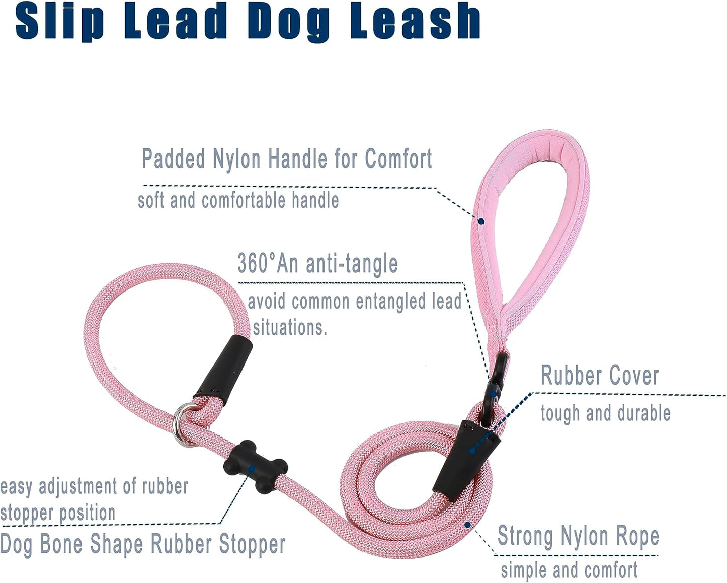 Slip Lead Dog Leash，Strong Nylon Rope Leash and Padded Handle,No Pull Outdoor Walking Training Lead for Small Medium Large Dogs (Pink, 1/2"×4ft)