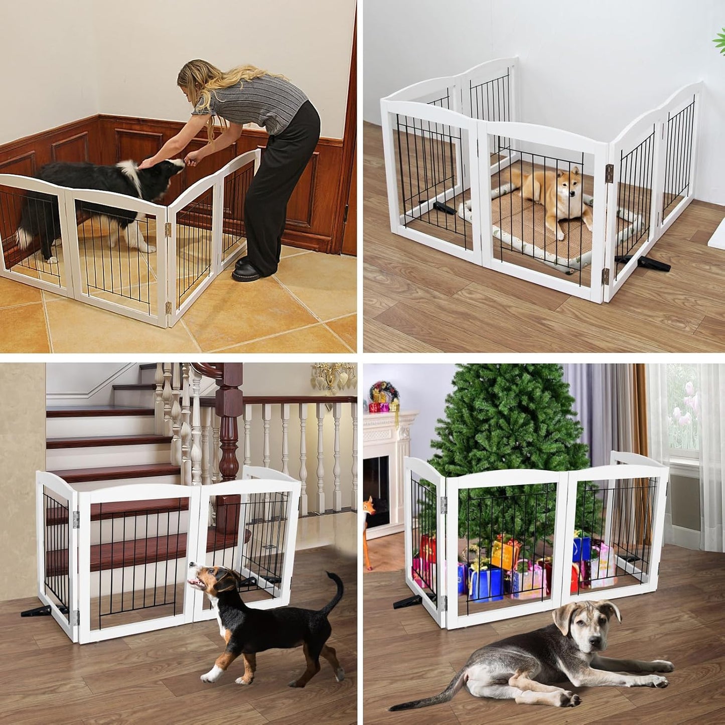 ZJSF Freestanding Dog Fence Indoor, Foldable Dog Gate for Doorways, Stairs or Hallways, Sturdy Wood Extra Wide Pet Gate with Support Feet for The House, White, 32 "Height-6 Panels