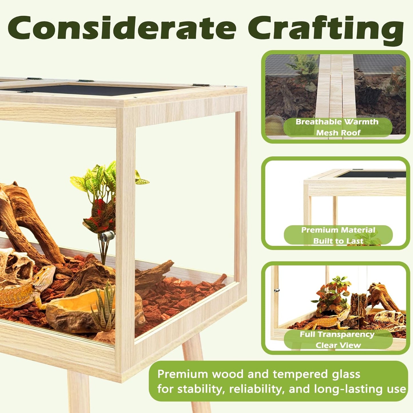 PROLEE Bearded Dragon Tank with Leg,Tempered Glass Lizard Tanks and Reptile Enclosure,Up to 78 Gallon Reptile Tank with Metal Mesh and Lockable Door for Snakes,Chameleon (Oak, 78Gallons,48inch)