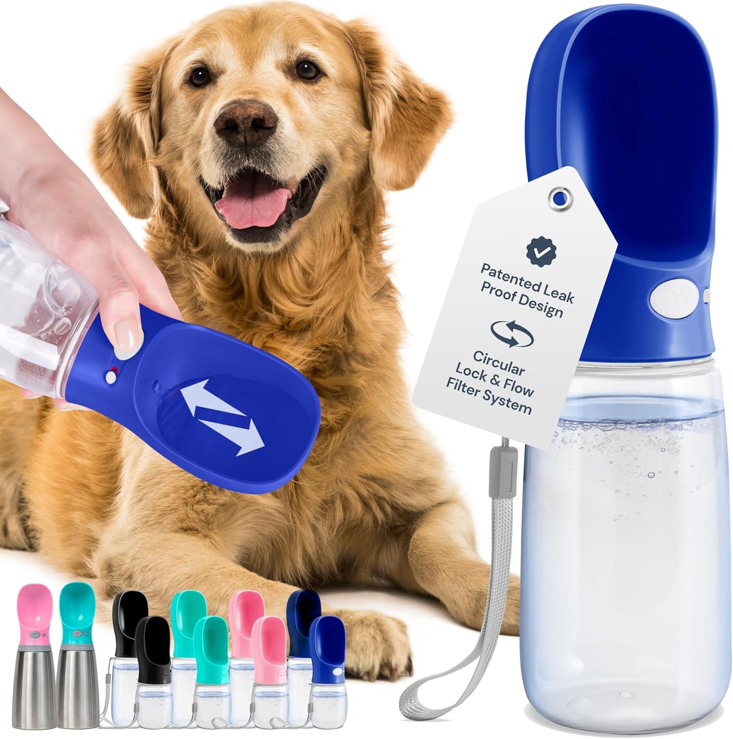 MalsiPree Dog Water Bottle Portable - 19 Oz, Navy Blue - Leak-Proof One-Hand Hydration Valve with Built-in Bowl - Travel Dog Water Bowl & Pet Bottle Dispenser
