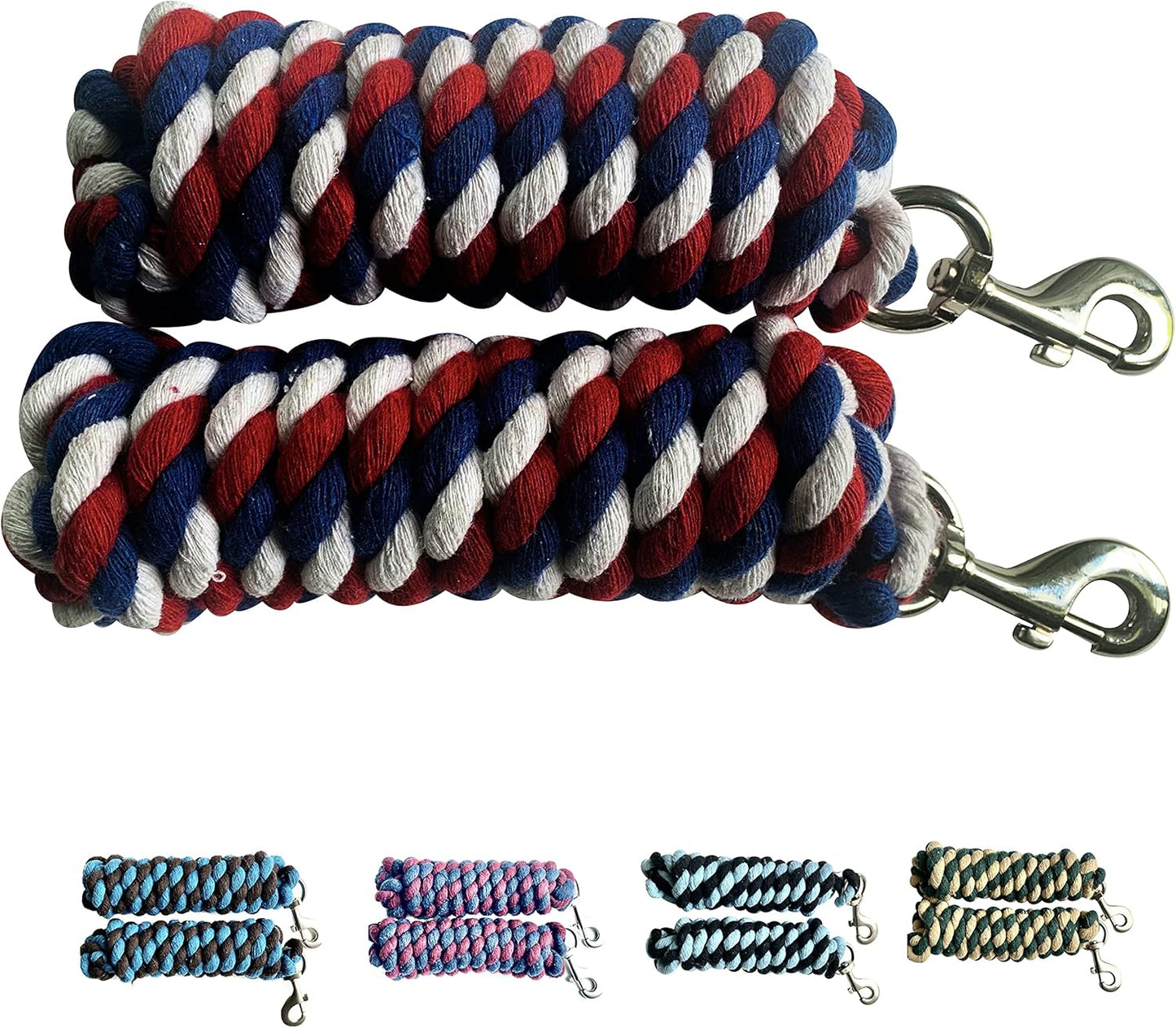Majestic Ally Pack of 2 Solid Cotton Lead Rope for Horses & Livestock – 10 Foot Long and 5/8 inch Thick - Replaceable Heavy-Duty Satin Bolt Snap – Handmade – Soft, Broken in Feel (Patriotic)