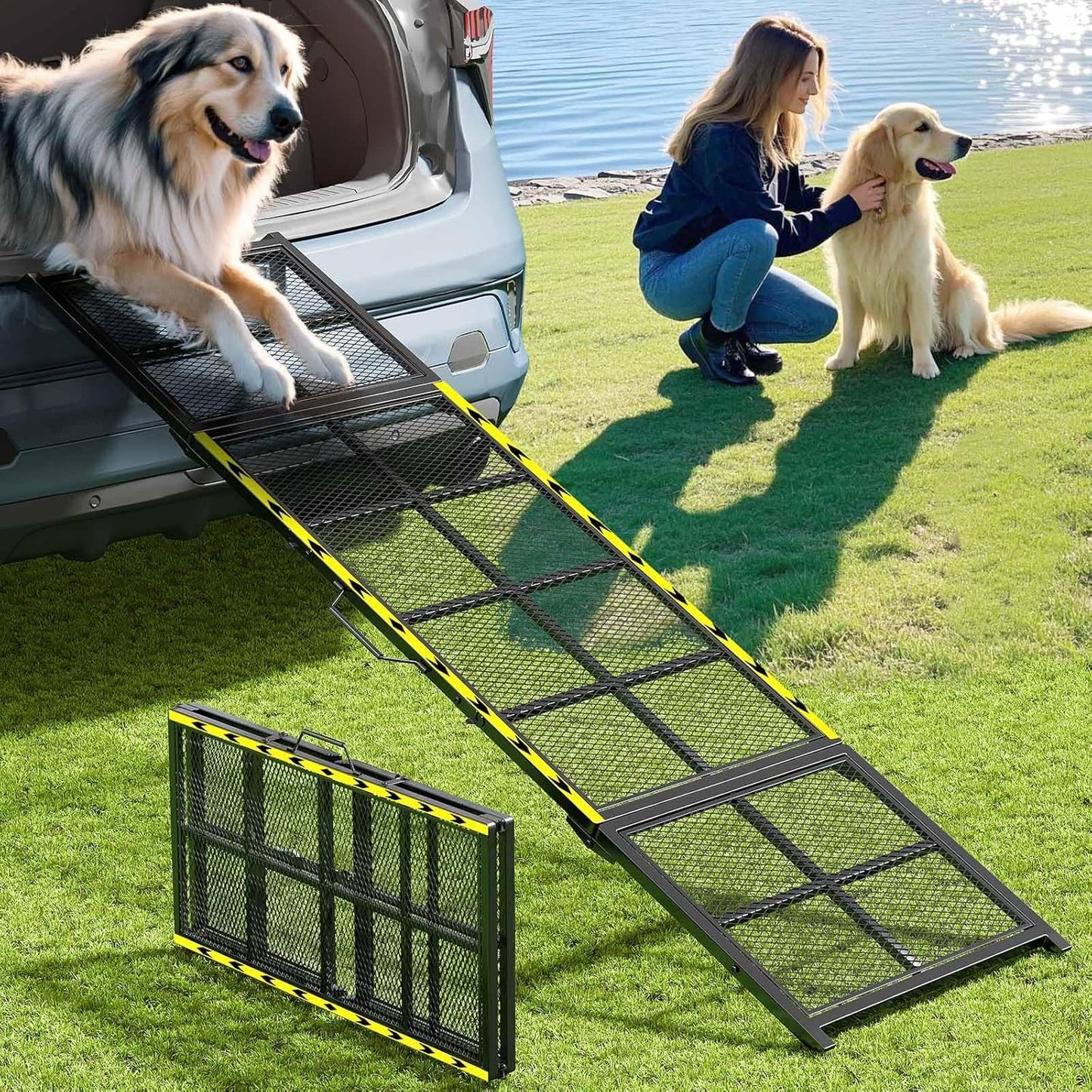 Dog Ramp for Car, 74x20 Inches Outdoor Portable Dog Ramps for Large Dogs with Reflective Strips, Non-Slip Surface Pet Ramp (Support Up to 150LBS)