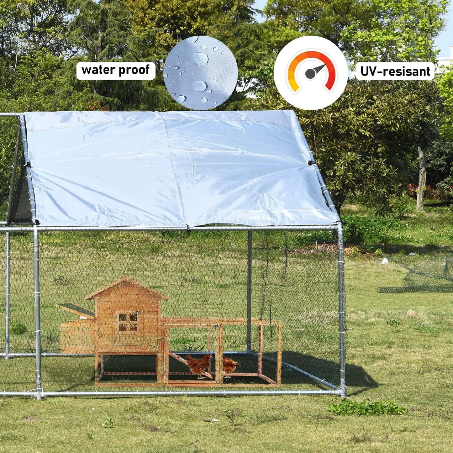 1.26'' Large Metal Chicken Coop Run Walk in, Chicken Runs for Yard with Cover, Chicken Pens Outdoor, Spire Roofed Outside Dog Kennel with Roof (9.8’Lx13.1’Wx6.4’H)