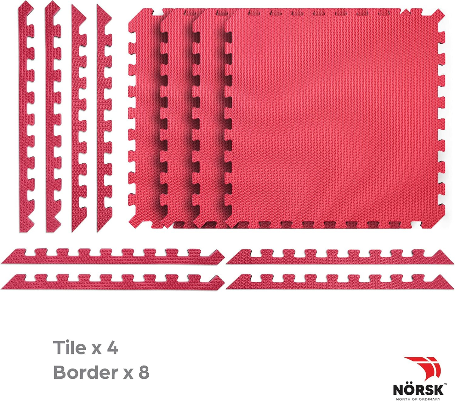 Norsk Reversible Gym Exercise Mats 3/4" Thick EVA Interlocking Foam Tiles, Perfect Home Gym Flooring, 36 Tiles & 72 Trim Pieces, 144 Sq. Ft. Reversible, Red/Black
