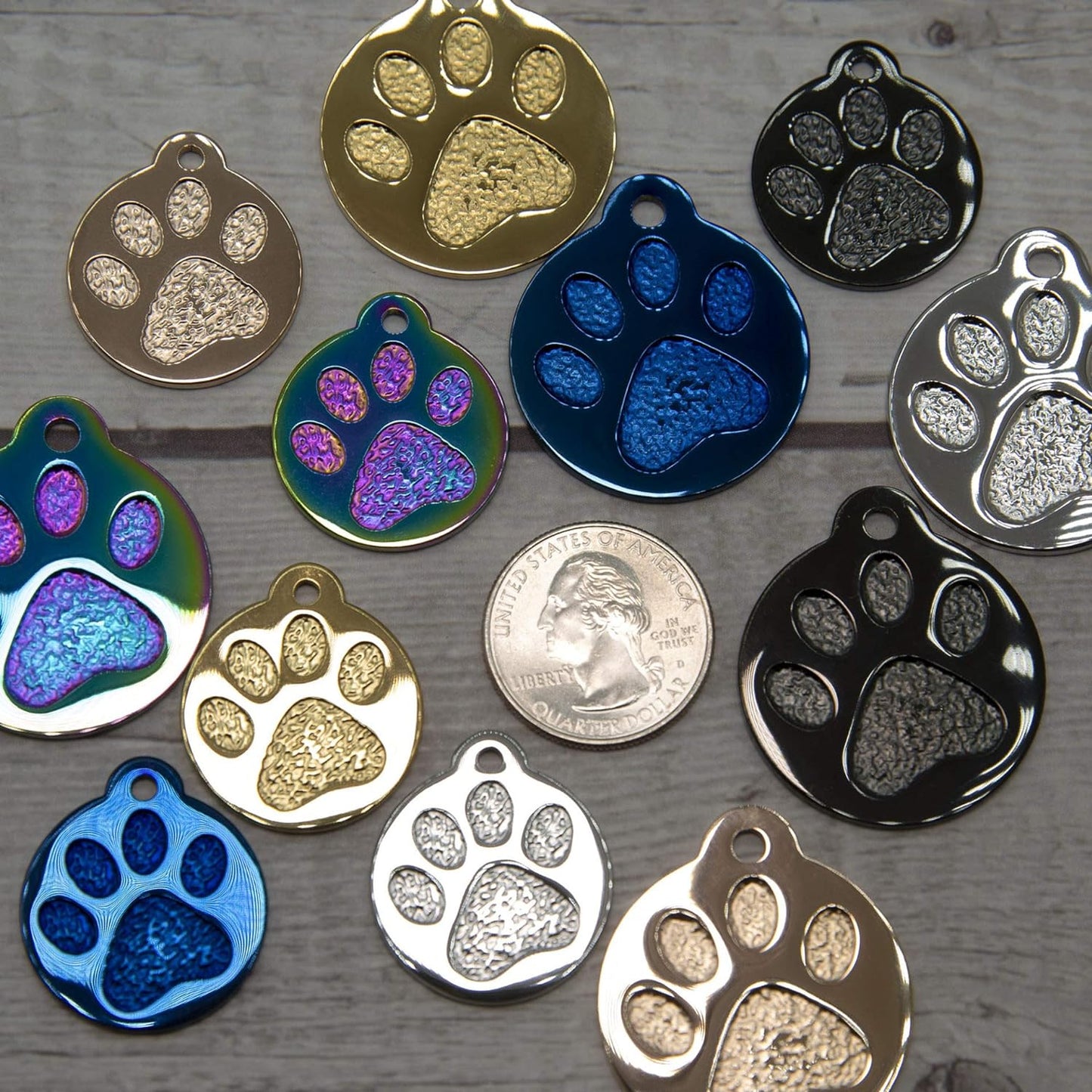 Engraved Pet Tag for Dogs and Cats - Personalized Front & Back up to 4 Lines of Text Custom Engraved ID, Round Paw Print Solid Plating Stainless Steel Rose Gold Regular