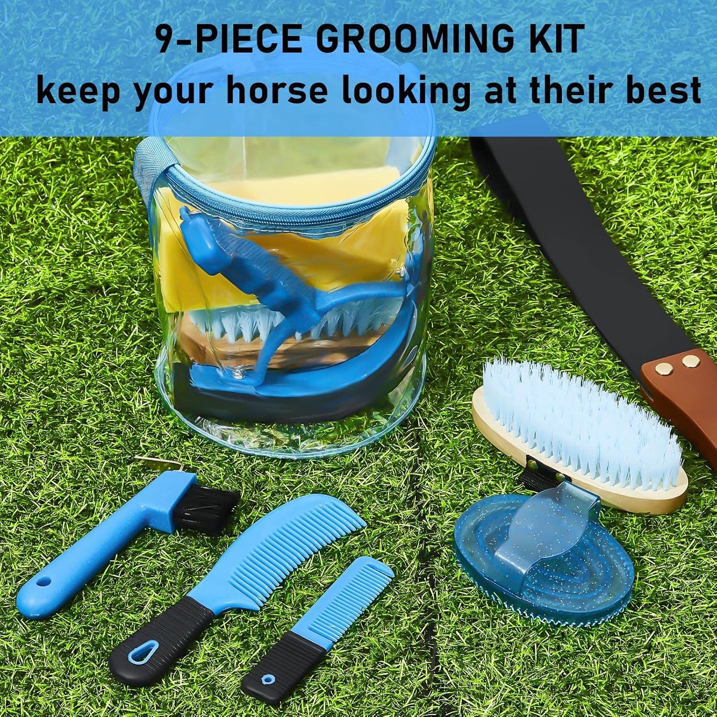 9 Pieces Horse Grooming Kit Tack Room Supplies Set with Organizer Tote Bag, Oval Massage Curry, Hard and Soft Brush, Hoof Pick, Sweat Scraper, Bathing Sponge, Combs for Horse Riders Beginners (Blue)