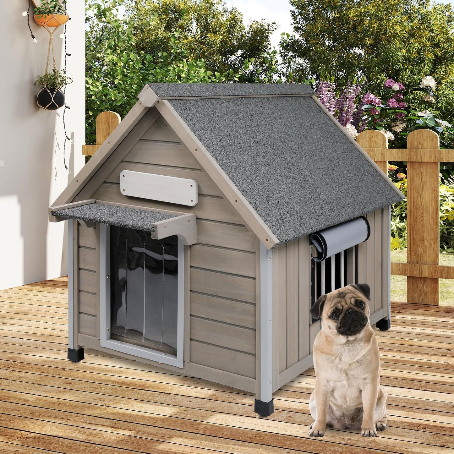 Outdoor Dog House Waterproof for Medium Small Dogs with Anti-Chewing Iron Frame, Adjustable Vent Window, Indoor & Outdoor Doghouse Kennel Puppy Shelter, Easy Clean and Assemble (26" L*31.9" W*32" H)