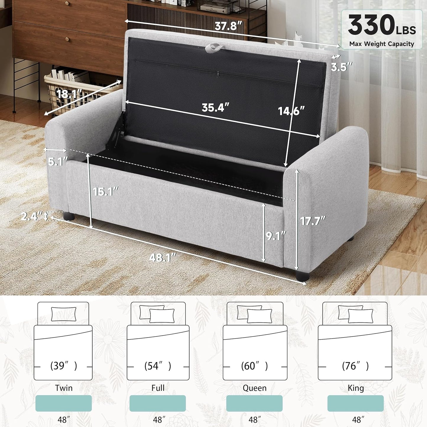 Ottoman with Storage, Tufted Storage Bench for Bedroom, 48" Fabrics End of Bed Bench, Upholstered Entryway Shoe Benches with Rolled Arm & Inner Zipper, Window Ottomans Chest without Rivets, Light Grey