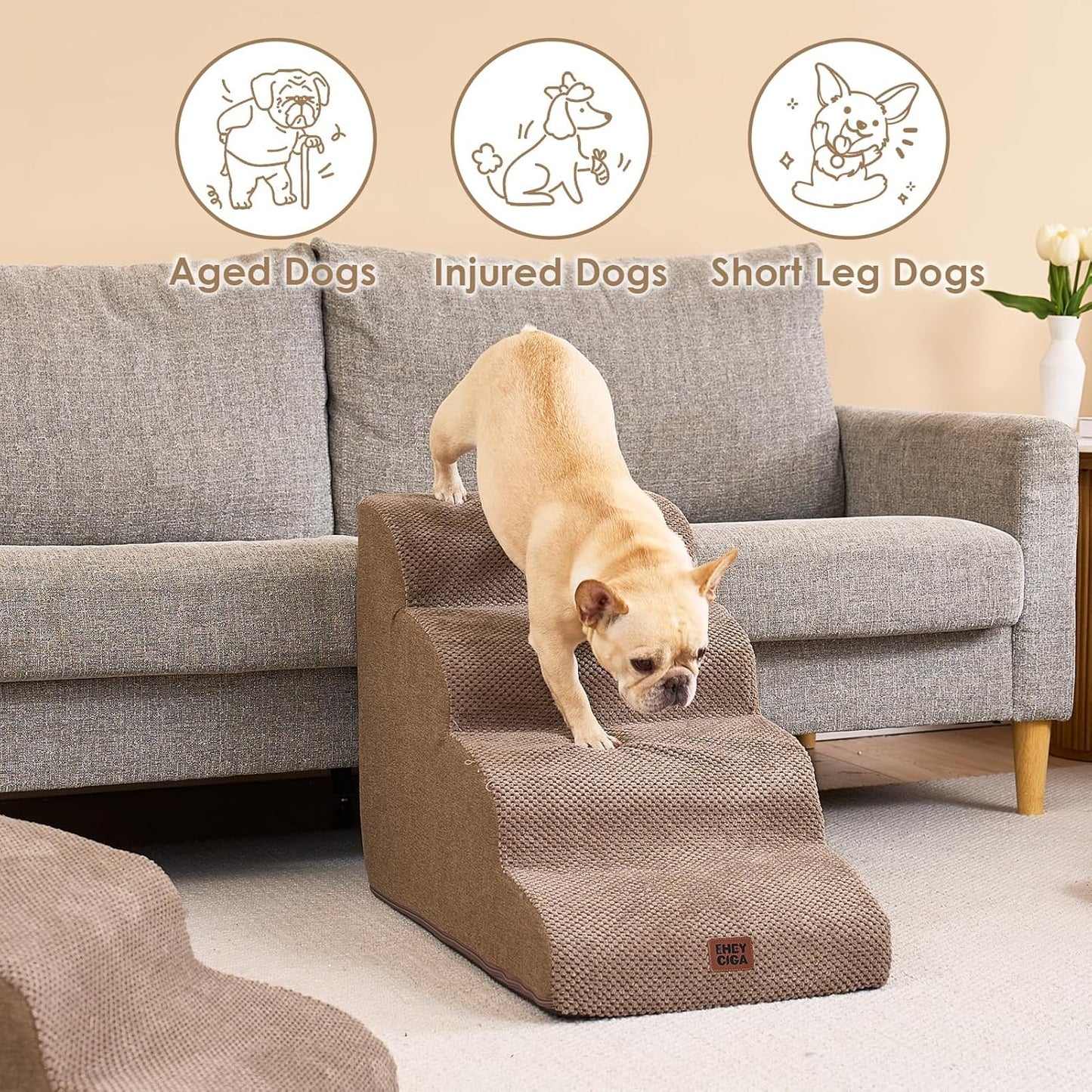 EHEYCIGA Curved Dog Stairs Ramp for High Beds 19.7" H, 4-Step Dog Steps for Small Dogs and Cats, Pet Stairs for High Bed Climbing, Non-Slip Balanced Pet Step Indoor, Camel