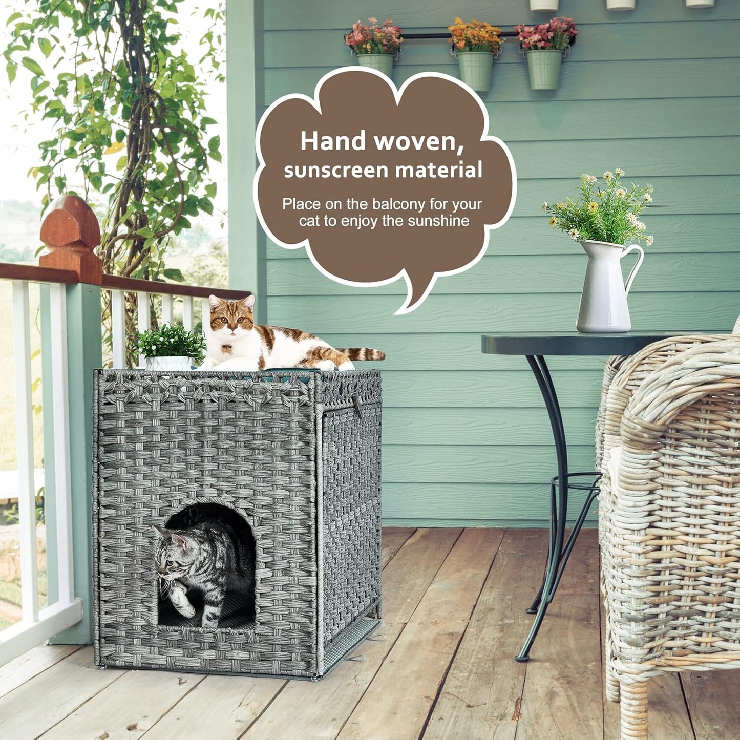 Cat Litter Box Enclosure with Soft Litter Mat; Hidden Kitten Washroom Furniture with Door; Handwoven Rattan Cat House with Large Space; Pet Crate for Living Room, Bedroom, Balcony (Grey)
