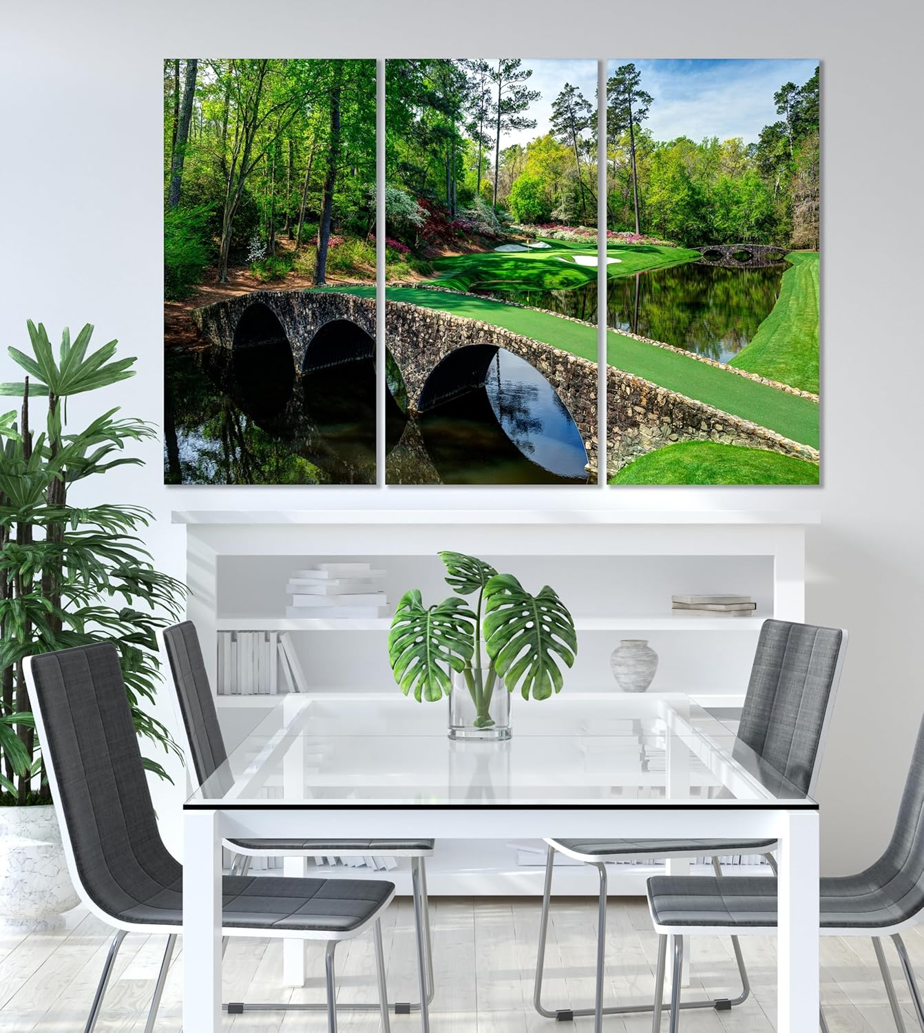 Nature Wall Art Prints - Ocean Forest Mountain Lake Canvas Landscapes - Small to Extra Large Living Room Bedroom Kitchen Bathroom Décor (Golf Course with Stone Bridge, 31L" x 47W" - 3 Panels)