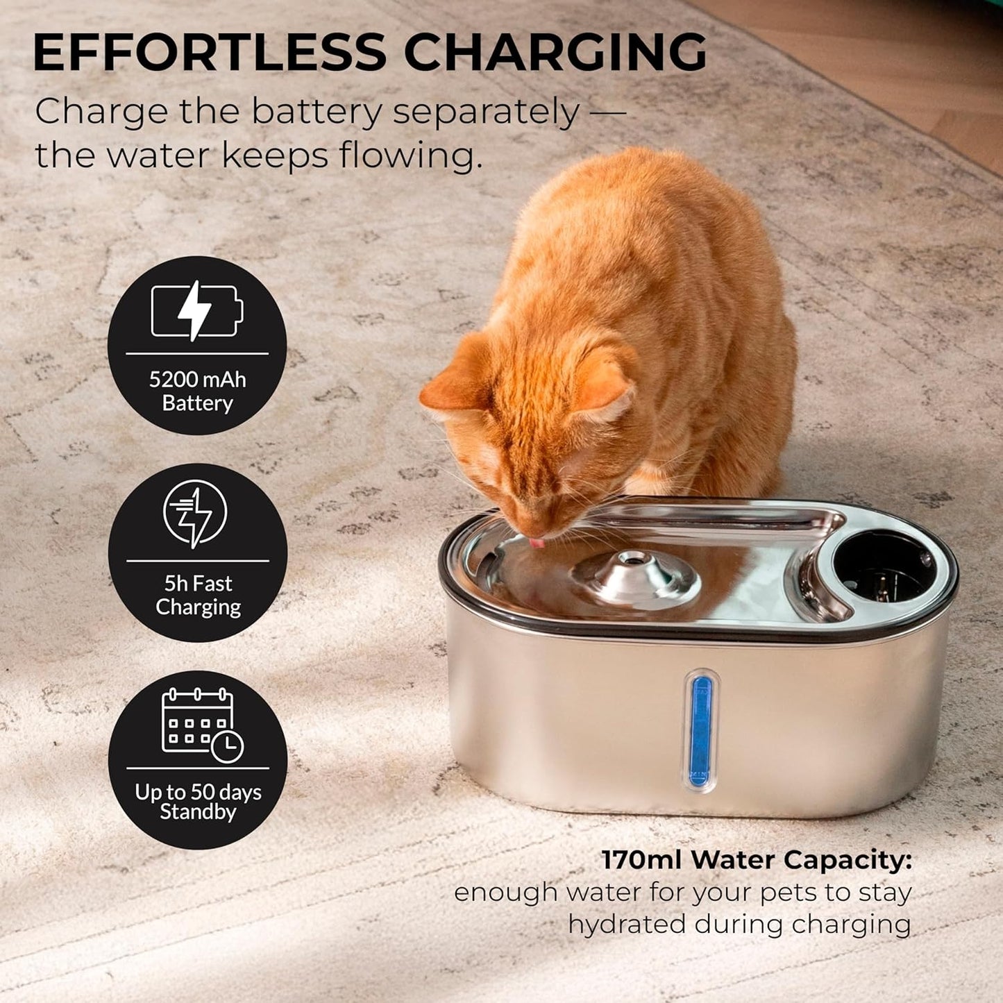 Wireless Cat Water Fountain Stainless Steel, 5200mAh Battery, Ultra Quiet, Automatic Pet Water Dispenser, 108oz/3.2L, Two Flow Modes, BPA-Free, Multi-Filtration, Includes 2 Filters - Black