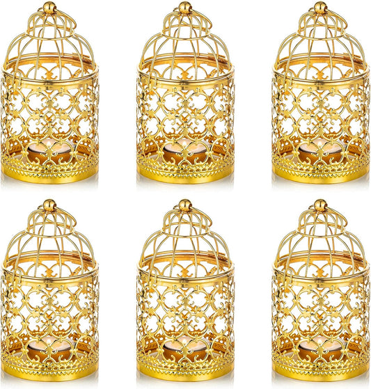 6 Pcs Small Metal Tealight Hanging Birdcage Lantern, Vintage Decorative Centerpieces of Wedding, Party, Gold