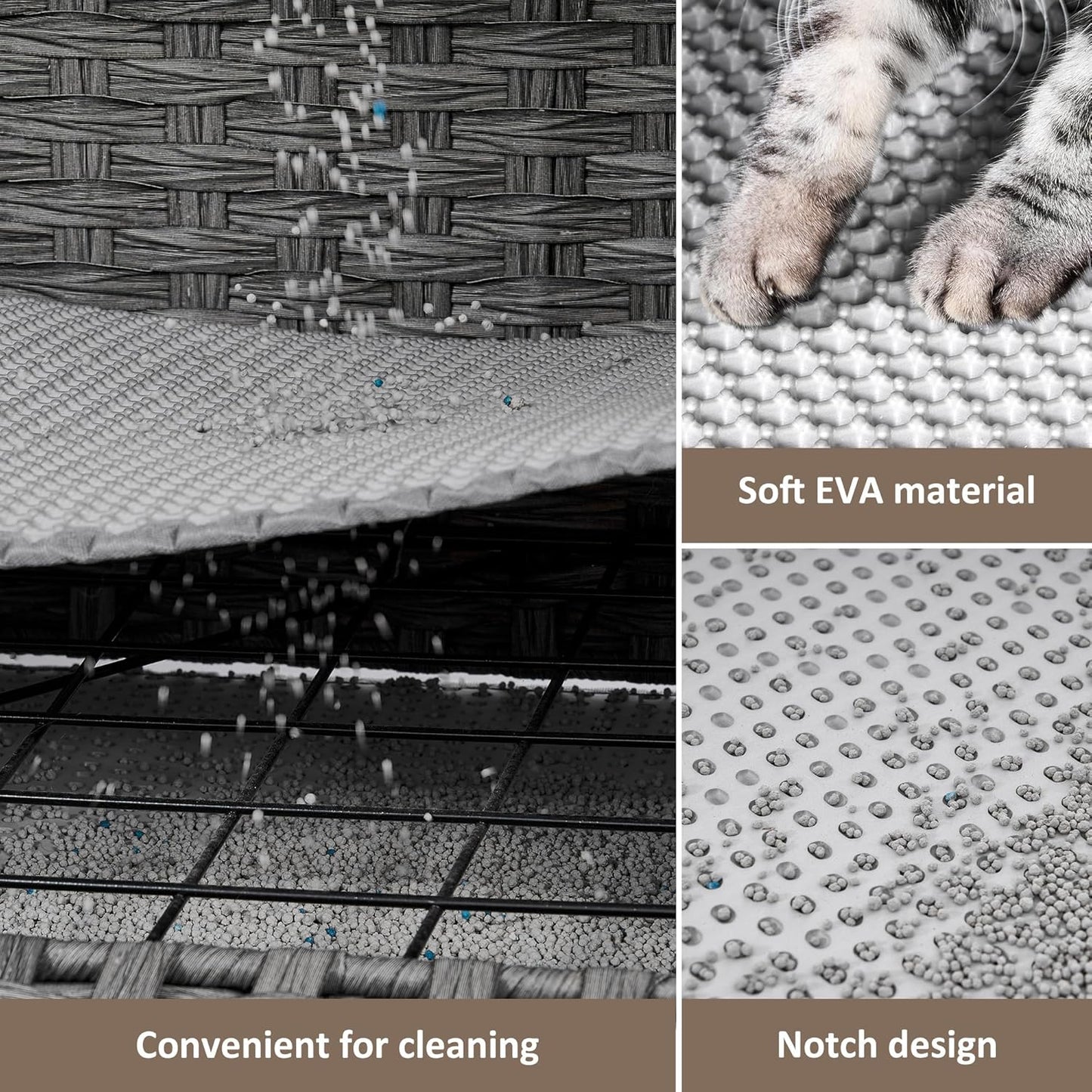 Cat Litter Box Enclosure with Soft Litter Mat; Hidden Kitten Washroom Furniture with Door; Handwoven Rattan Cat House; Pet Crate for Living Room, Bedroom, Balcony (Grey)