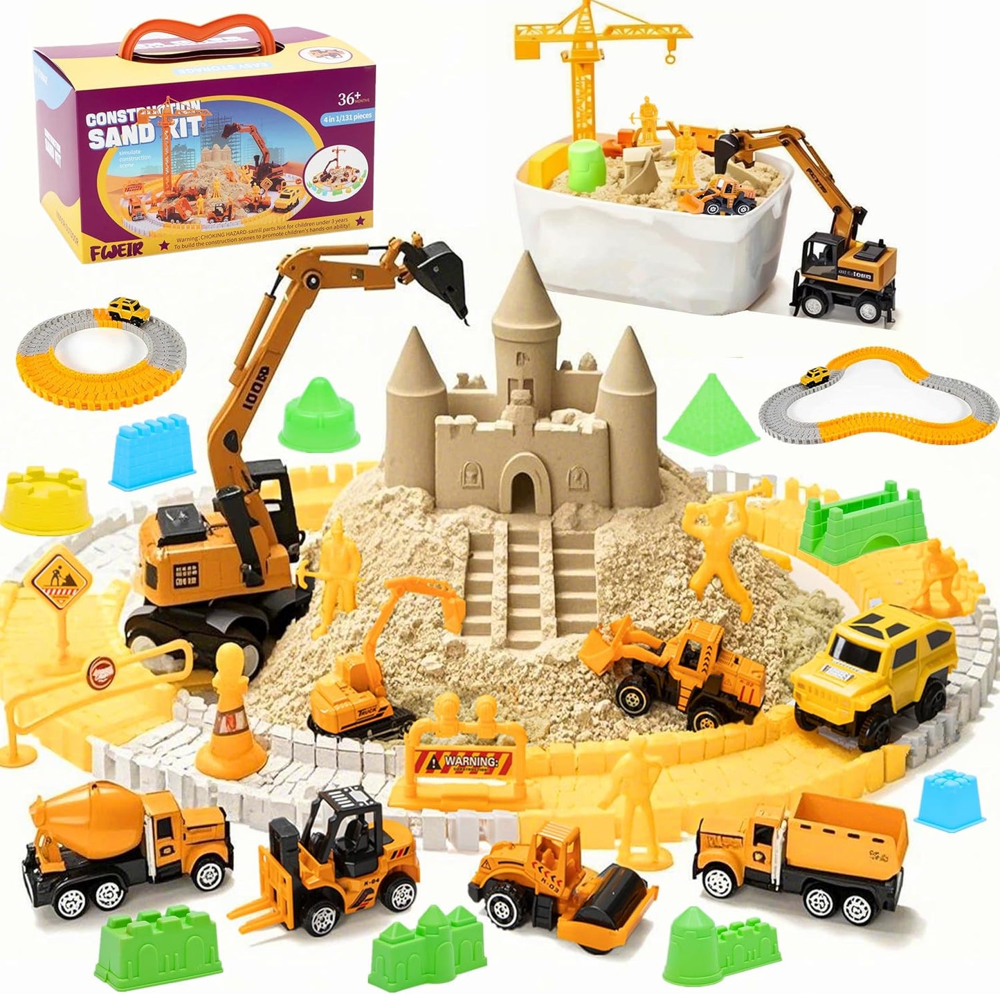 Sand Construction Kit, 2.2lbs Play Sand with Sandbox, 1 Toy Mat 8 Alloy Construction Trucks Race Tracks 10 Sand Molds Sensory Bin Toys for Toddlers Boys Girls Ages 3-8