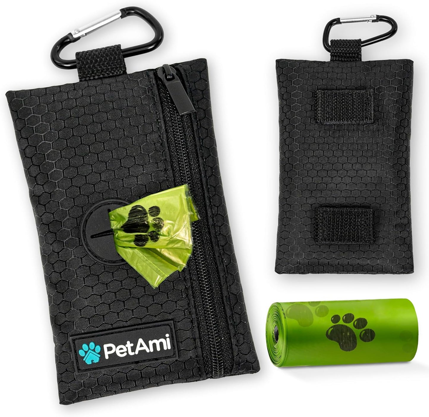 PetAmi Dog Poop Bag Holder for Leash, Dog Poop Bag Dispenser with Clip, Dog Waste Bag Holder for Pet, Dog Treat Pouch, Doggy Walking Camping Accessories with Trash Bag Roll, Black 1 Pack